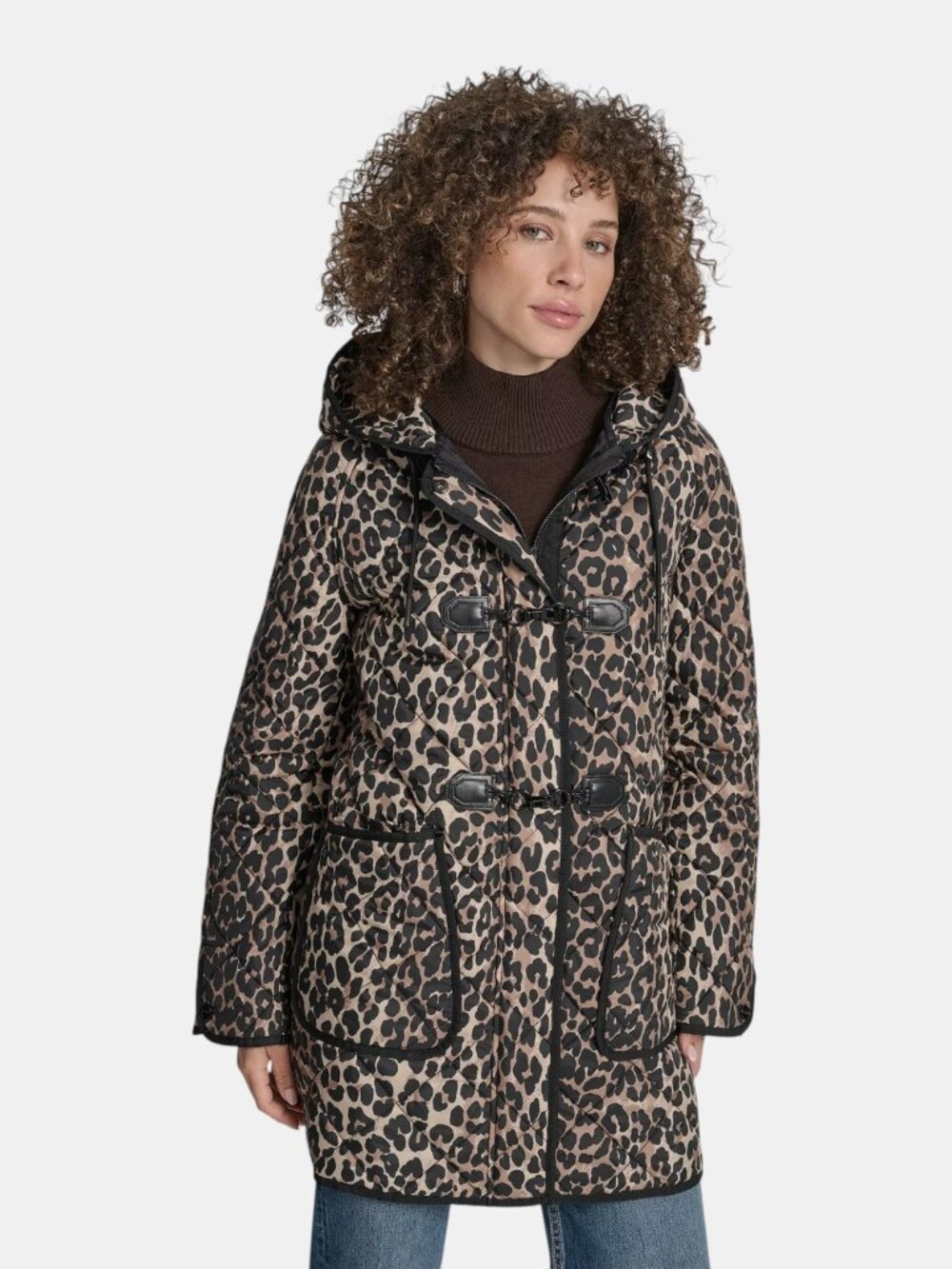 NWT DKNY LEOPARD HOODED TOGGLE QUILTED COAT WATER RESISTANT MID LENGTH SIZE L